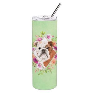 English Bulldog Green Flowers Stainless Steel 20 oz Skinny Tumbler